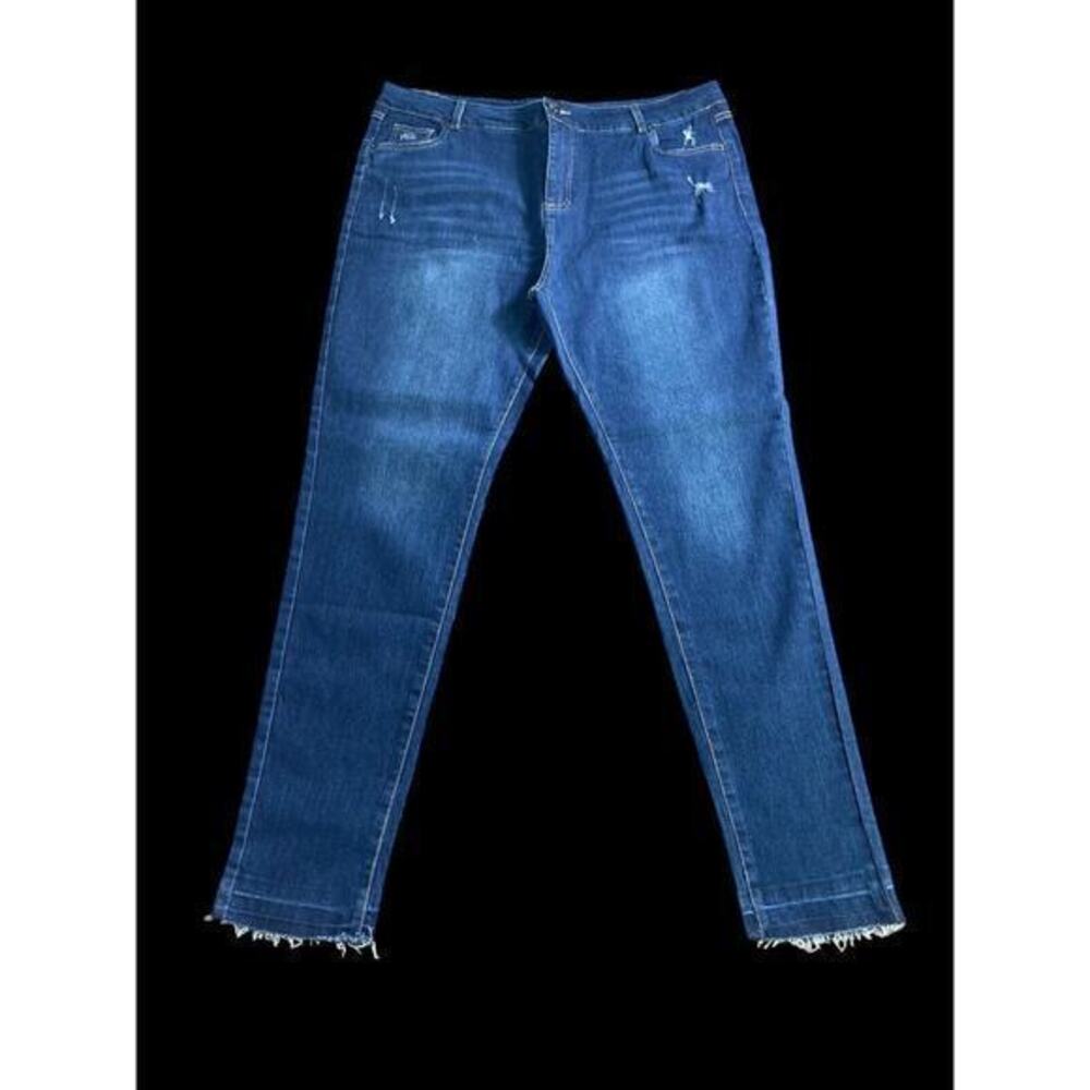 JY Jeans Womens Blue Denim Stretch Fringe Leg Distressed Size XL‎